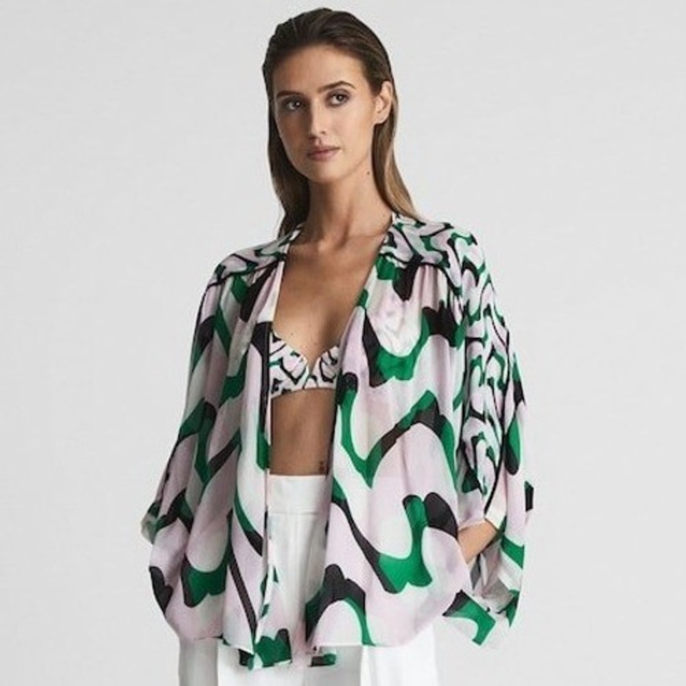 Reiss Paige Printed Kimono Blouse Green Pink Abstract Open Front Viscose Size 10